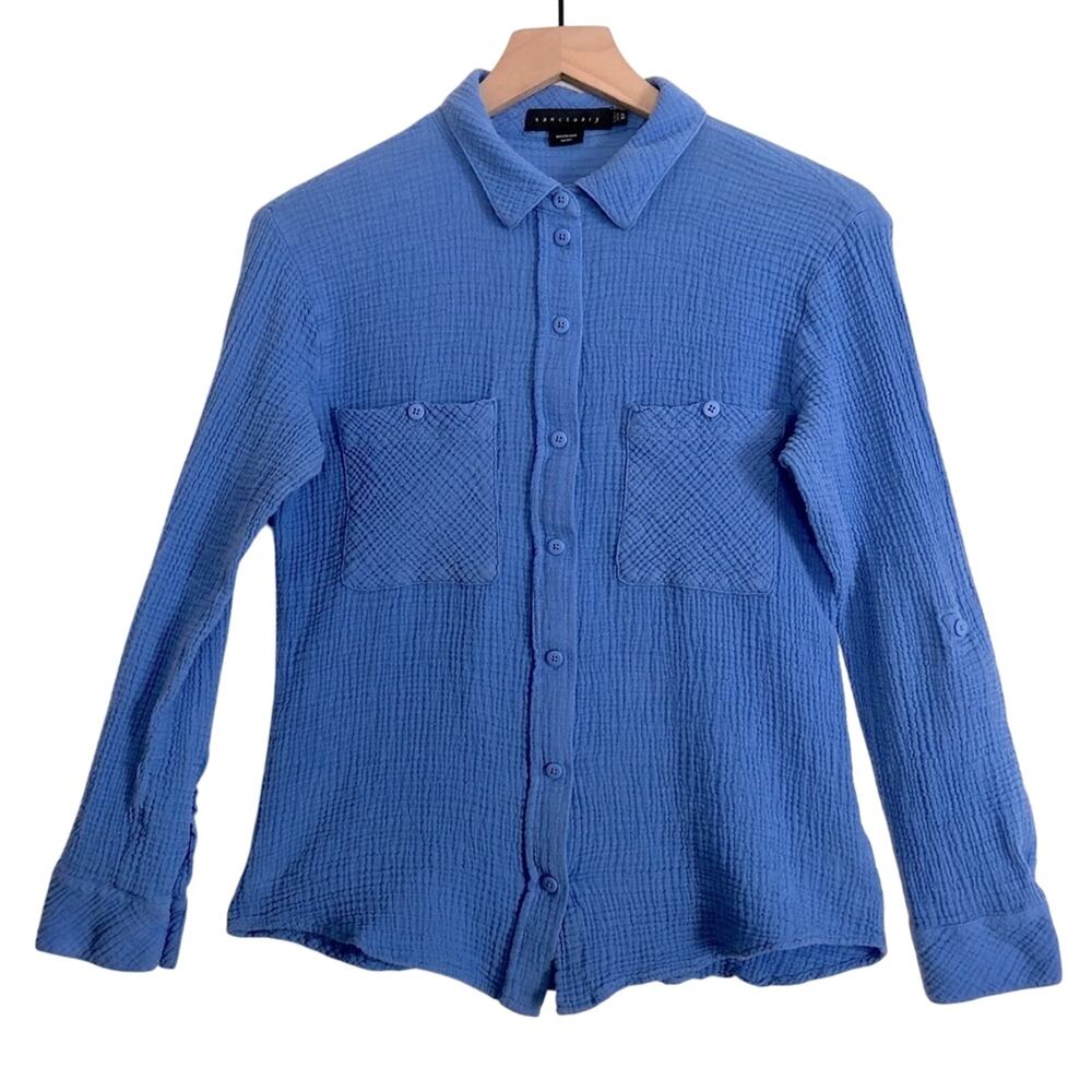 Anthropologie Sanctuary Boyfriend Shirt Blue Cotton Button Up Long Sleeve Top XS